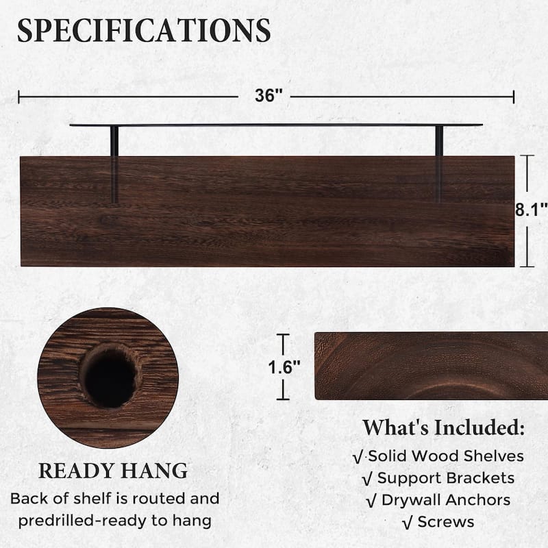 Floating Shelves, 8 Inch Deep Modern Solid Wood Wall Shelves
