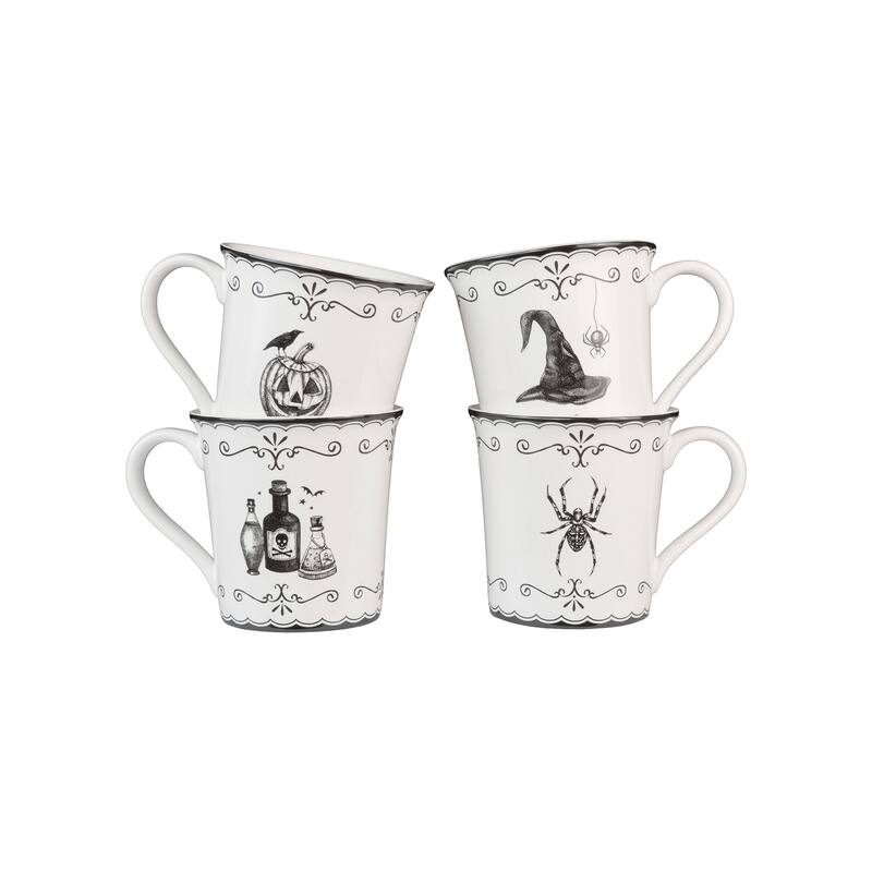 222 Fifth Elegant Haunting 4-Piece White Porcelain Halloween Mug Set - Witch Hat, Jack-o'-Lantern, Potion & Spider - 20.29 oz - White