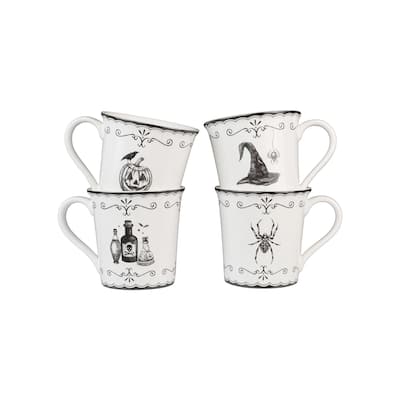 222 Fifth Elegant Haunting 4-Piece White Porcelain Halloween Mug Set - Witch Hat, Jack-o'-Lantern, Potion & Spider - 20.29 oz