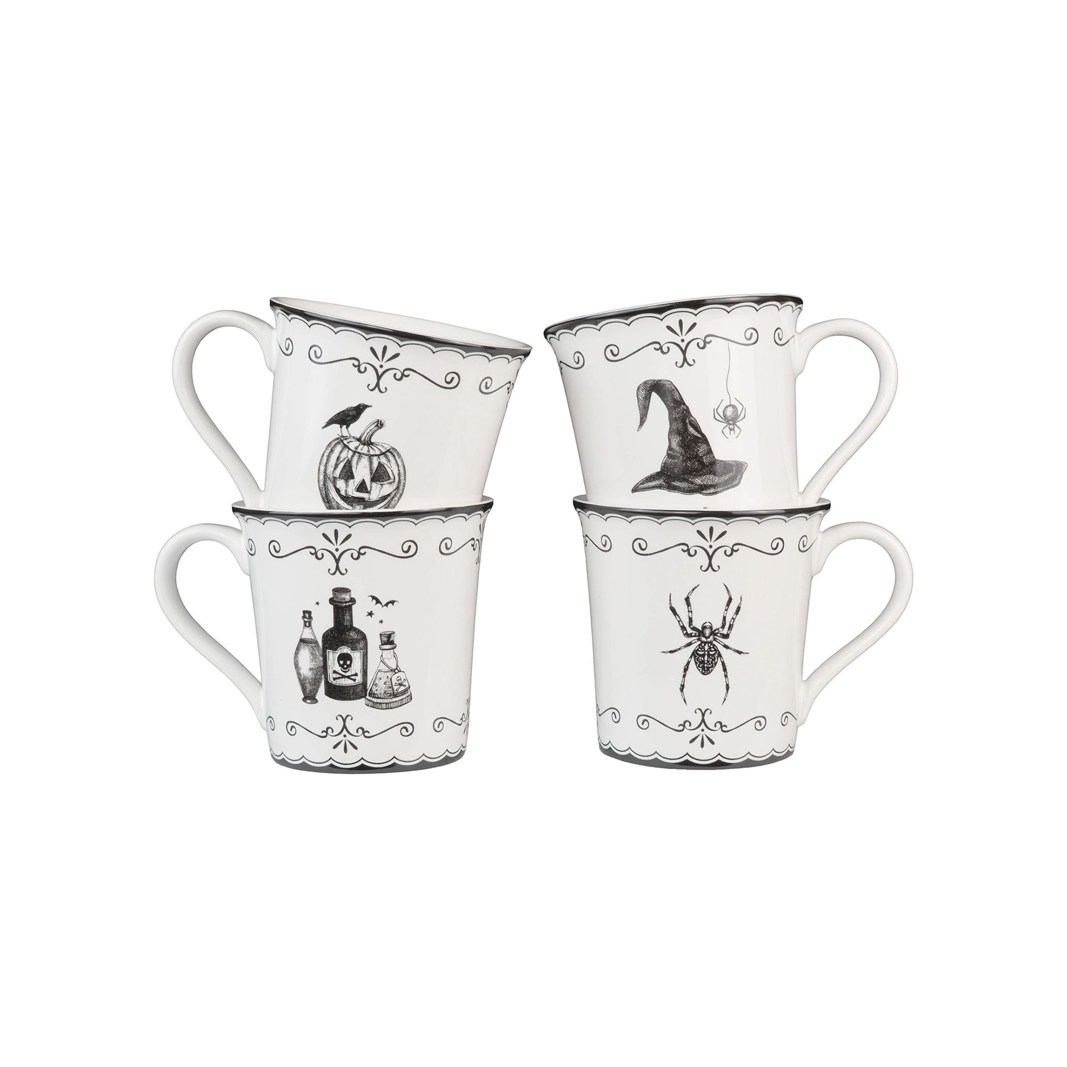 222 Fifth Elegant Haunting 4-Piece White Porcelain Halloween Mug Set - Witch Hat, Jack-o'-Lantern, Potion & Spider - 20.29 oz