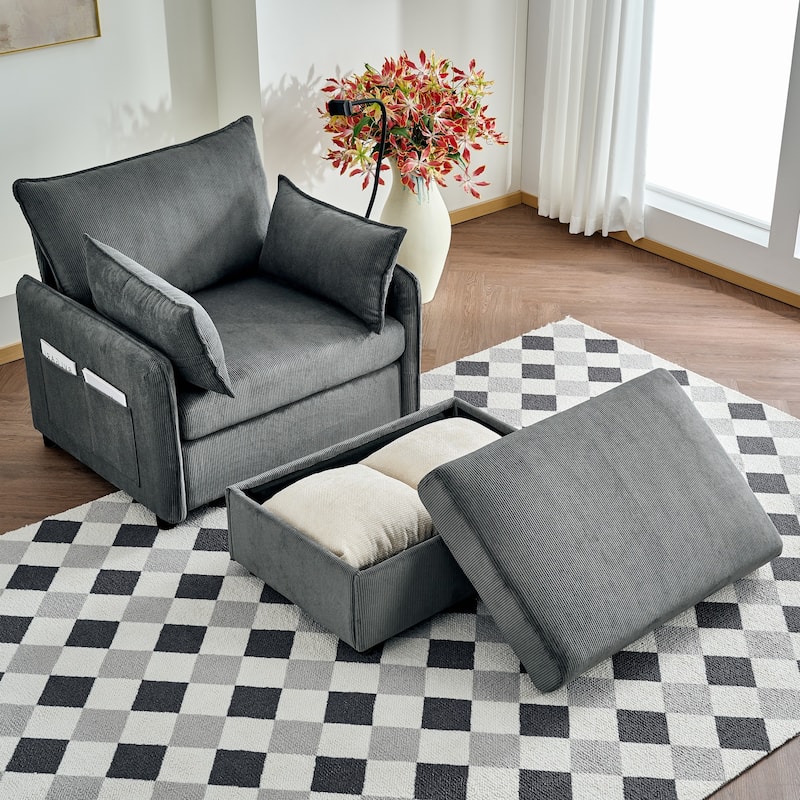 Oversized Chaise Lounge Chair with Storage Ottoman, Single Sofa Chair with USB Ports, Accent Chair with Pillows - Gray