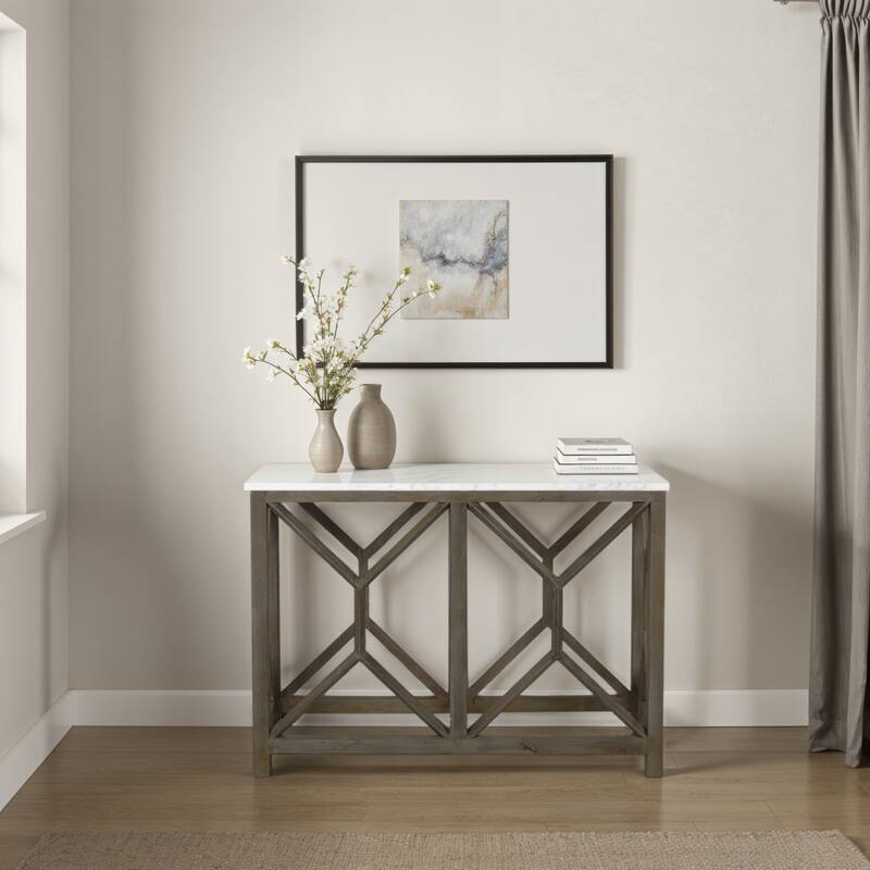 Agas Sofa Console Table, 41 Inch White Genuine Marble Top, Sandblasted Washed Ash Gray Mango Wood Geometric Frame