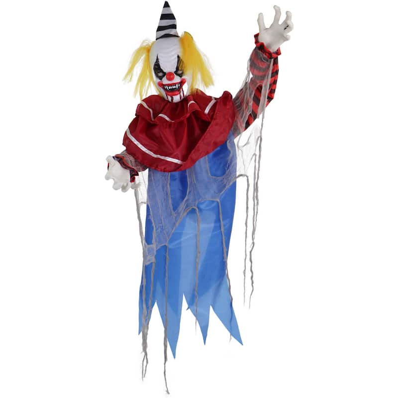 Haunted Hill Farm Wiggles the Animatronic Twisting, Talking Clown Greeter with Folding Door Hook for Scary Halloween Decoration