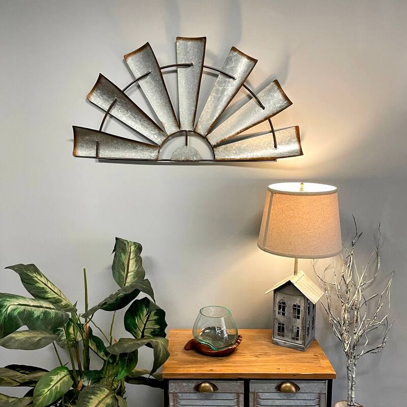 Zeckos 35 Inch Metal Half-Windmill Wall Sculpture Farmhouse Decoration