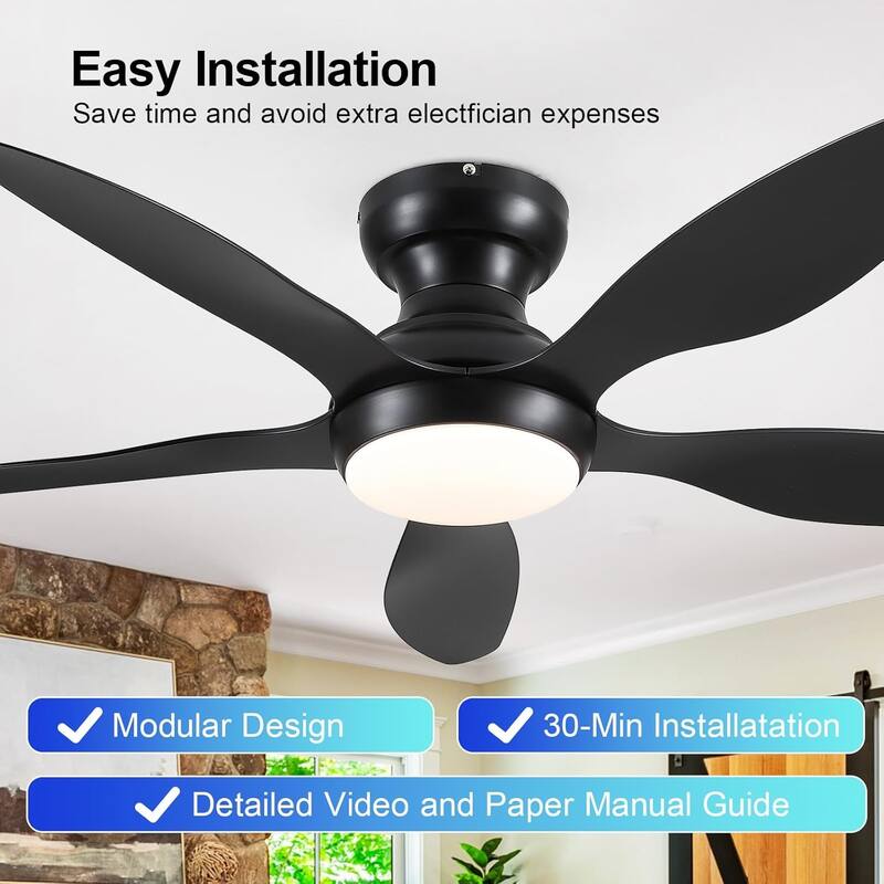 46" Modern Flush Mount Ceiling Fan with LED Light and Remote APP Control Reversible DC Motor for Living Room Bedroom - 46 Inches