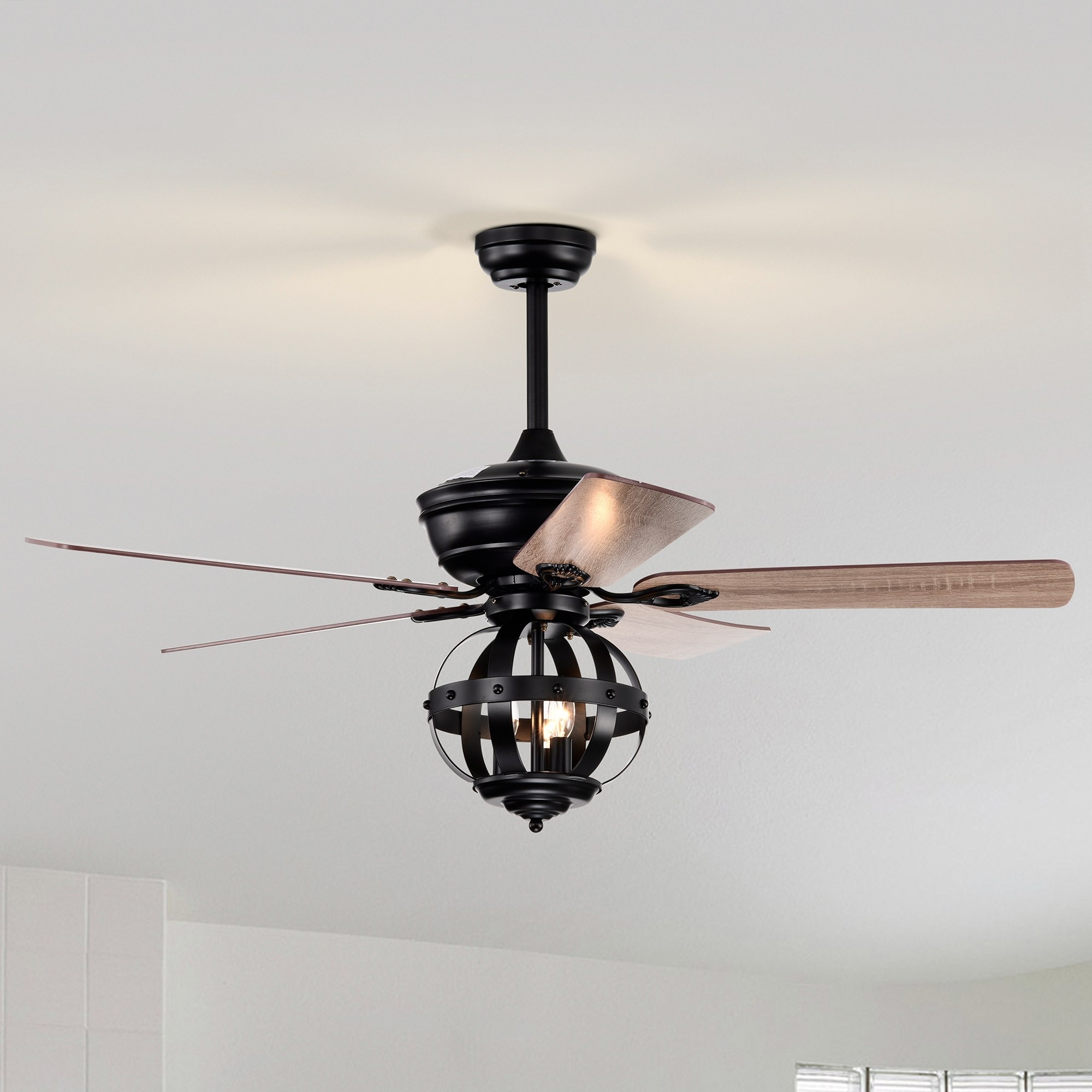 50" Industrial Black Plywood 5-Blade Ceiling Fan Chandelier with Remote