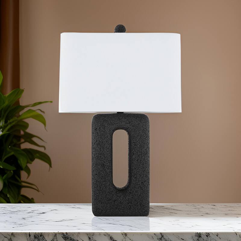 27 Inch Table Lamp Set of 2, Black Rectangular Cutout Base, Fabric Shade