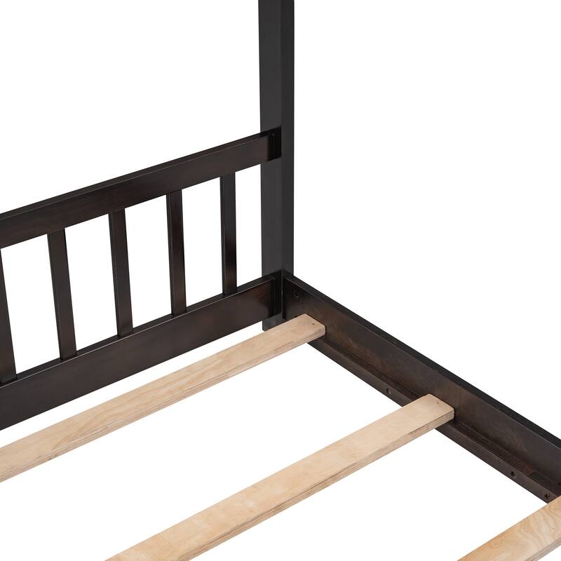 Full Size House Bed with Roof and Sturdy Pinewood Frame, No Box Spring Needed