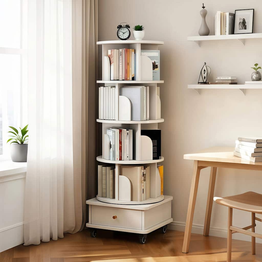 GDF Studio - Purling Modern 5-Tier Wood 360-Degree Rotating Bookshelf with Drawer Storage