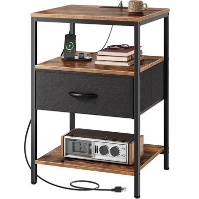 Night Stand with Charger Station, 27.7 Inch Tall Nightstand with Adjustable Fabric Drawer, Bed Side Table, Fabric Drawer Dresser