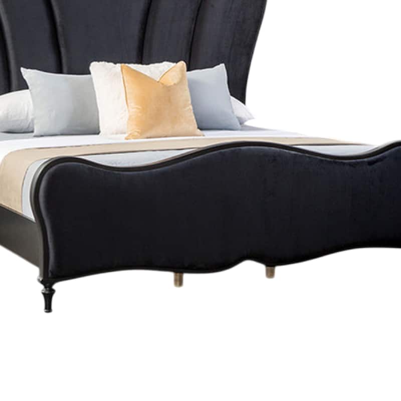 Eleena King Bed, Scalloped Padded Channel Tufting, Black Upholstery