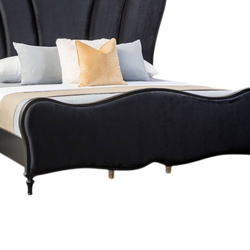 Eleena Queen Bed, Scalloped Padded Channel Tufting, Black Upholstery