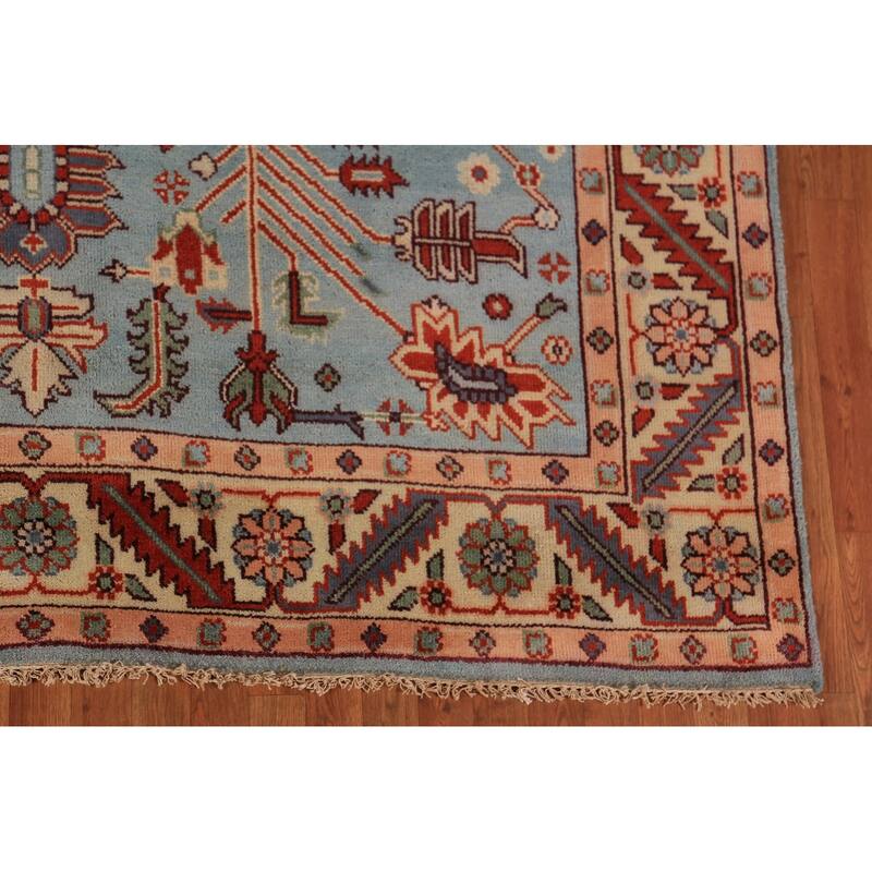 Light Blue Geometric Kazak Indian Area Rug Hand-Knotted Wool Carpet - 8'0"x 10'1"