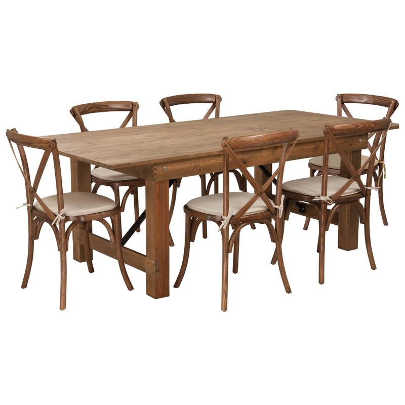 7' x 40" Rustic Folding Farm Table Set with 6 Cross Back Chairs and Cushions