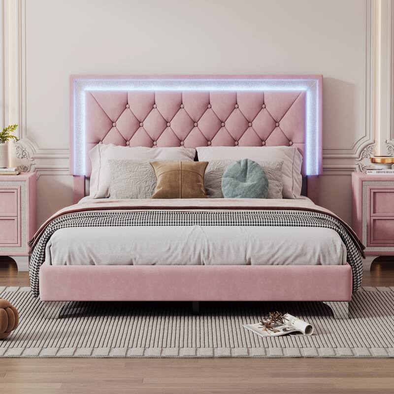 Full Size Upholstered Bed Frame with LED Lights