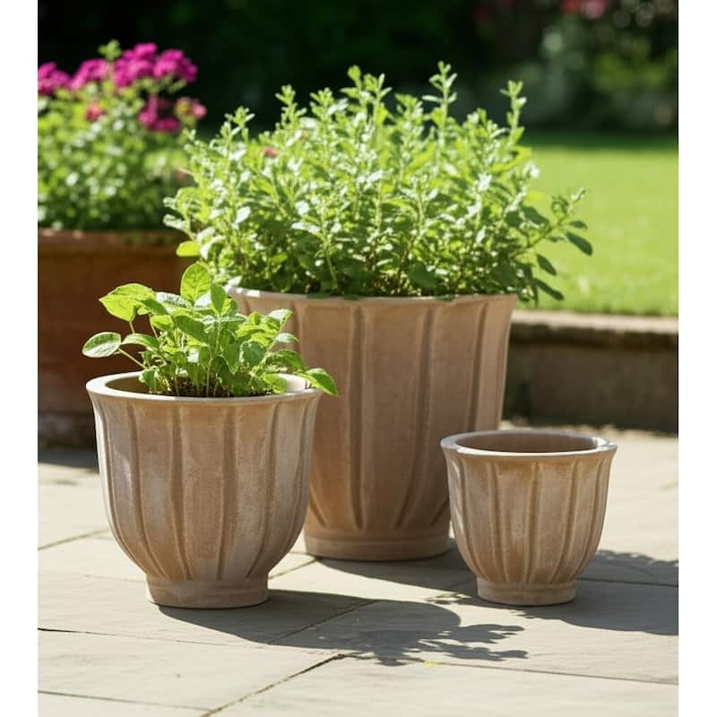 Pottery Clay Planters with Petal Ribbed Detailing (Set of 3) - 15" x 15" x 13"