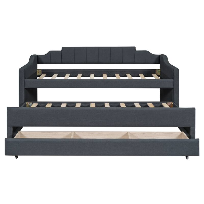 Twin Size Upholstered Daybed with Trundle and Three Drawers in Grey