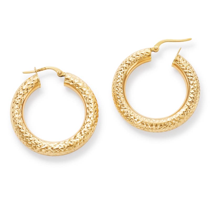 Clover 14K Yellow Gold Diamond-Cut Round Hoop Earrings 3mm (25 &30mm)