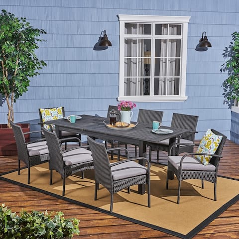 Elmar Outdoor Wood and Wicker 9-piece Expandable Dining Set by Christopher Knight Home