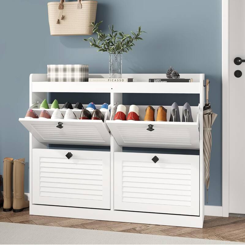 Freestanding Hidden Shoe Rack, Shoe Storage Cabinet with 4 Flip Drawers - White