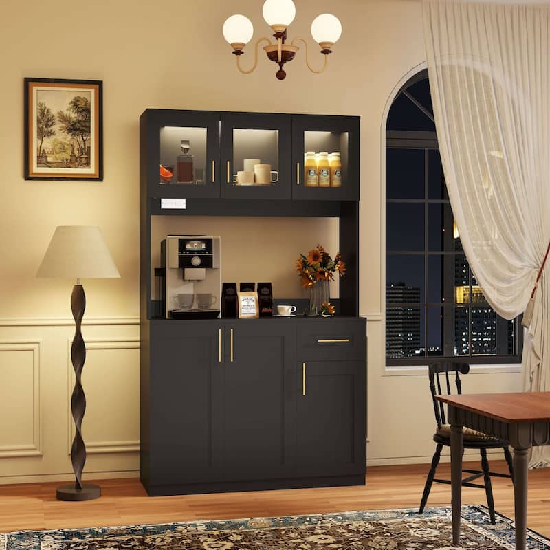 71'' Kitchen Pantry Cabinet with Hutch, Drawer & LED Light, Microwave Stand with Power Outlet for Dining Room or Kitchen