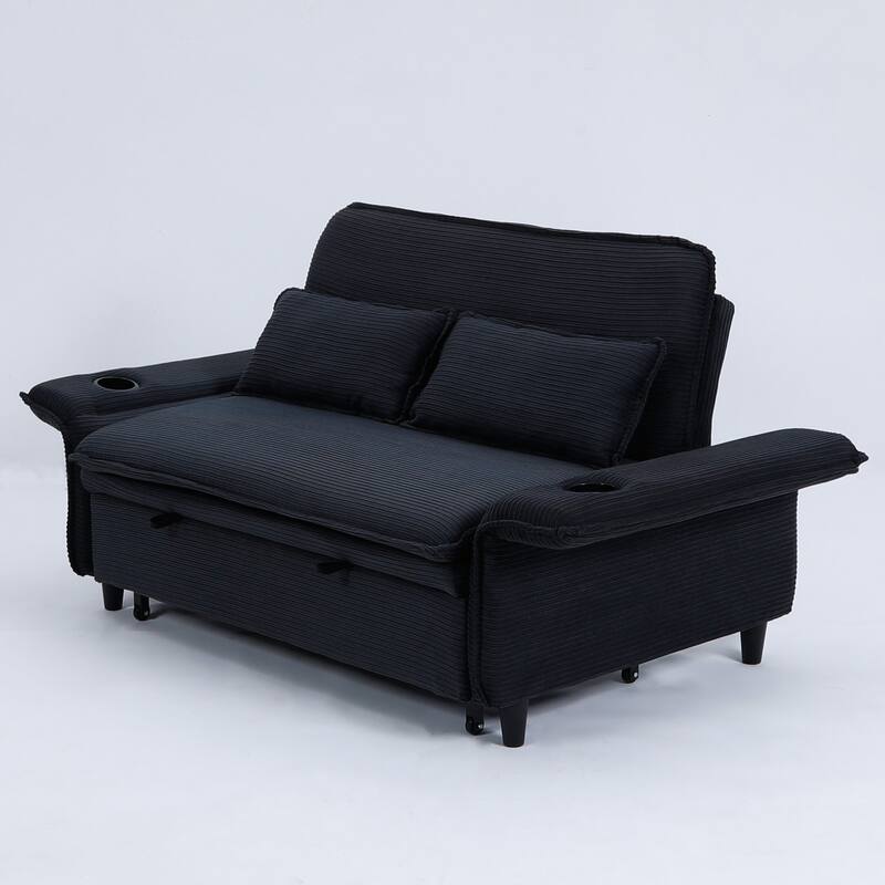 65.74-inch Black Corduroy Multi-functional Adjustable Sofa Bed with Letter Stripes