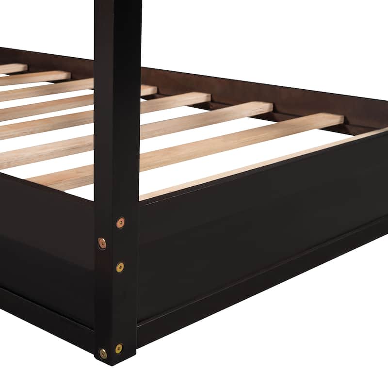 Modern Wood House 2 Twin Size Bed With Fence And Slatted Frame