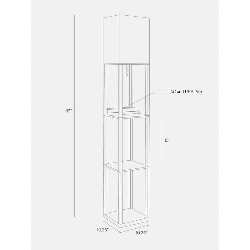 Brightech Maxwell 63 in. Rustic Wood Traditional USB Charging LED 3-Shelf Floor Lamp with White Fabric Square Shade