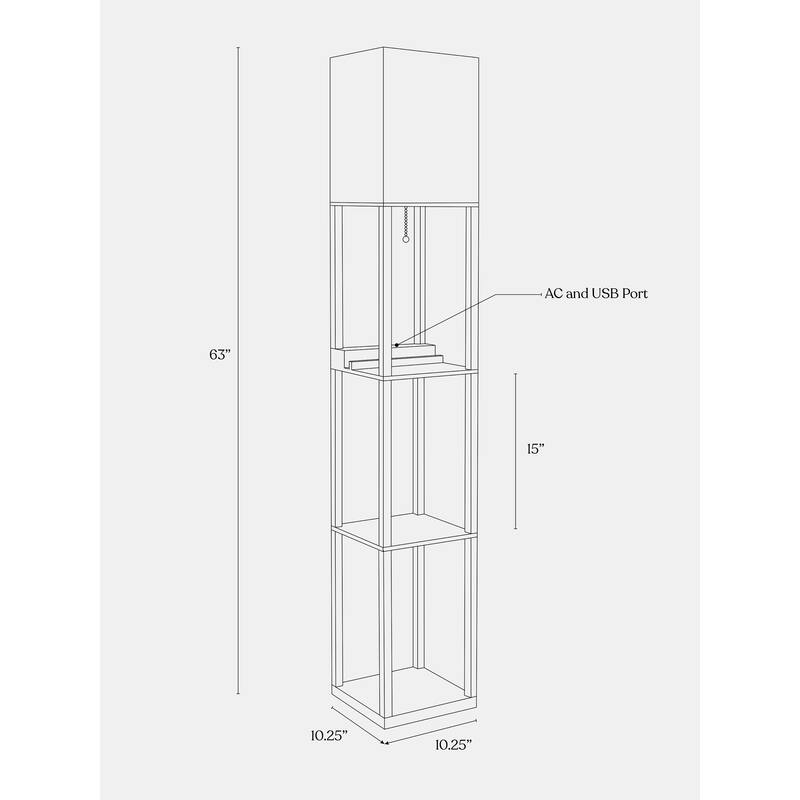 Brightech Maxwell 63 in. White Traditional USB Charging LED 3-Shelf Floor Lamp with White Fabric Square Shade