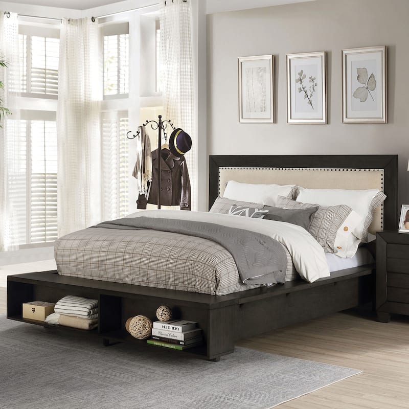 Noga Transitional Grey Solid Wood Upholstered Nailhead Trim Platform Bed by Furniture of America - Queen