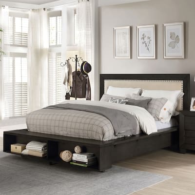 Noga Transitional Grey Solid Wood Upholstered Nailhead Trim Platform Bed by Furniture of America