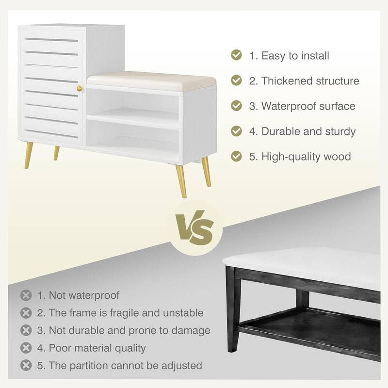 VECELO L-Shaped Entryway Bench with Cushion Shoe Storage Bench with Louvered Door & Open Shelves Hallway Seat Organizer