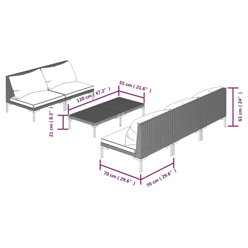 vidaXL Patio Lounge Set Outdoor Sectional Sofa Set Table Poly Rattan Dark Grey - 27.6" x 27.6" x 24"