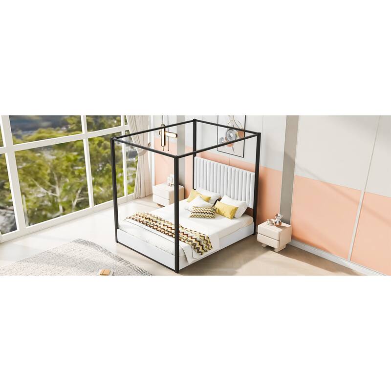 Roomfitters Queen Canopy Platform Bed with Velvet Upholstered Headboard, Metal Frame, White