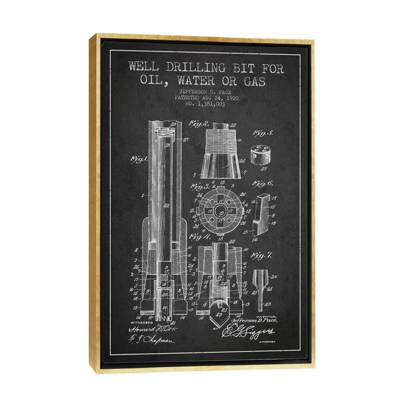 iCanvas "Oil Drill Bit Charcoal Patent Blueprint" by Aged Pixel Framed Canvas Print - Gold - 40x26