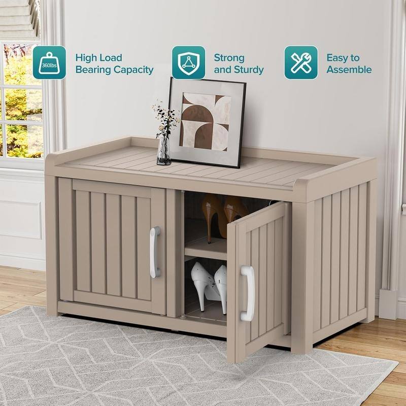 Double Door Shoe Cabinet Waterproof UV-Resistant,Storage Bench Indoor Outdoor -Space-Saving Entryway Organizer​
