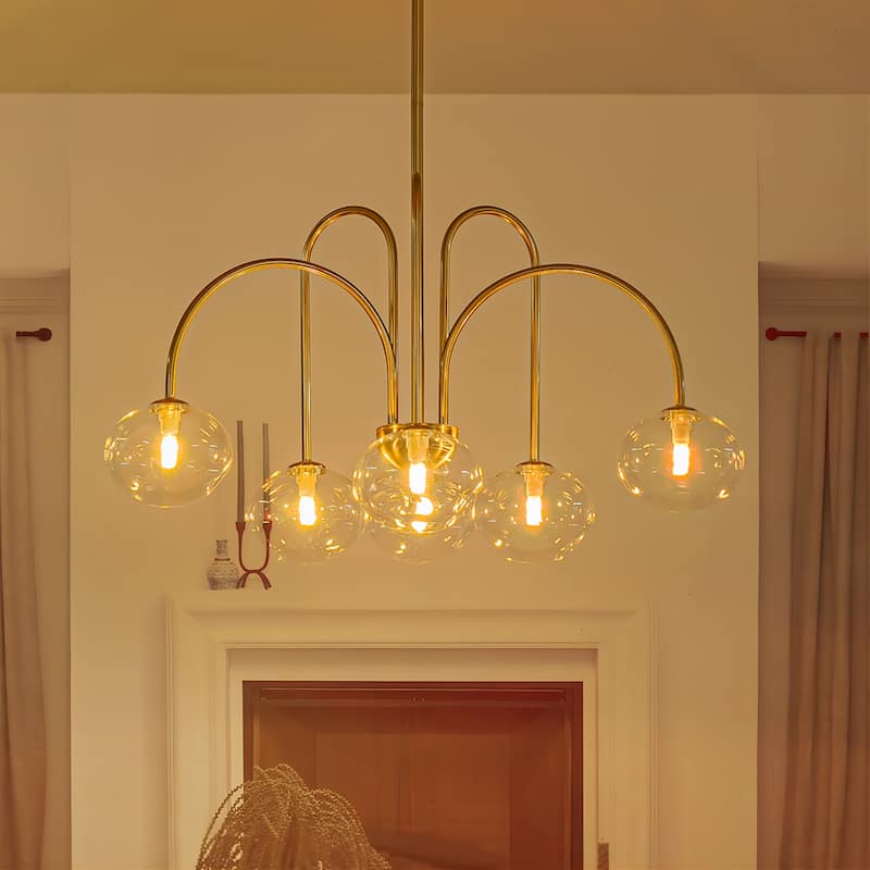 6-Light Modern Brass Chandelier with Clear Glass Globes - Contemporary Ceiling Light for Living Room - 6 Light