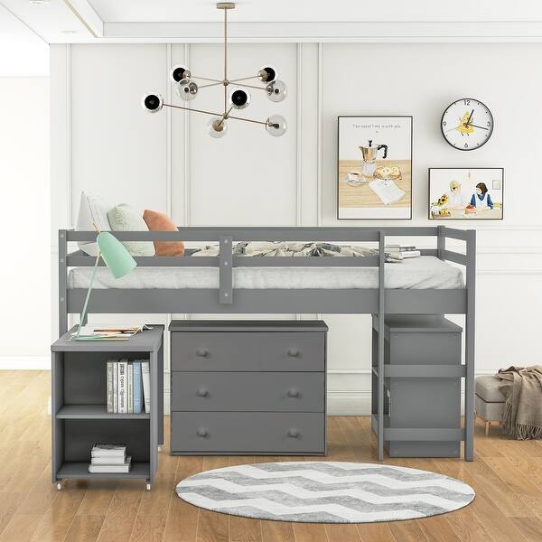 slide 2 of 9, Twin Size Loft Bed for Study with Cabinet, Shelves, and Rolling Desk Gray