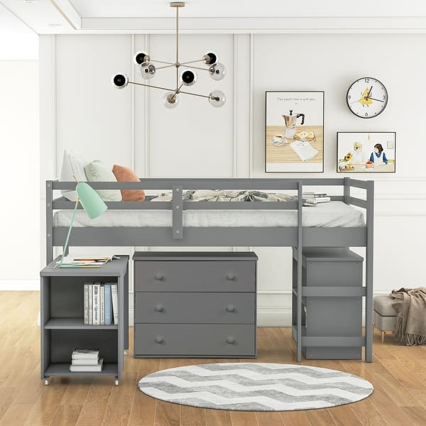slide 2 of 27, Twin Size Wooden Loft Bed with Cabinet, Shelves, and Portable Desk Gray