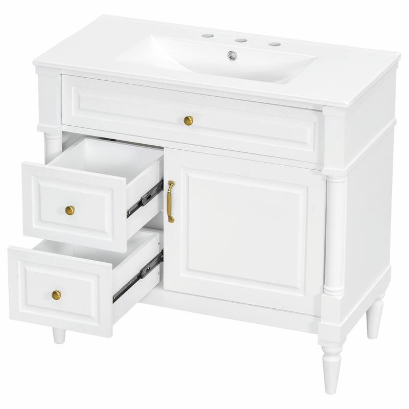 36" Bathroom Vanity with Sink, Freestanding Bathroom Cabinet with Ceramic Basin, Flip Drawer