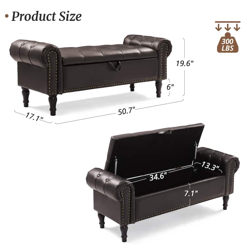 Modern Velvet Upholstered Storage Bench with Silver Nailhead Trim