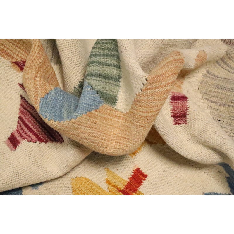 Hand Woven Oriental 100% Wool Carpet Southwestern Tribal Beige & Ivories Kilim Area Rug - 9' 10'' X 6' 5''
