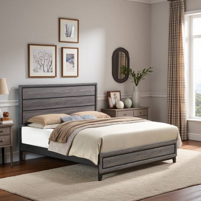 Queen Size Mirage Grey Bed with Panel Headboard, Tapered Legs, and Sturdy Construction - Contemporary Style - Black+ Gray