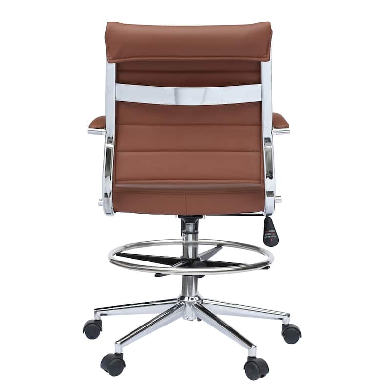 Swivel PU Leather Office Drafting Chair For Standing Table Mid-Back Ribbed Executive Ergonomic With Arms Wheels Task Computer