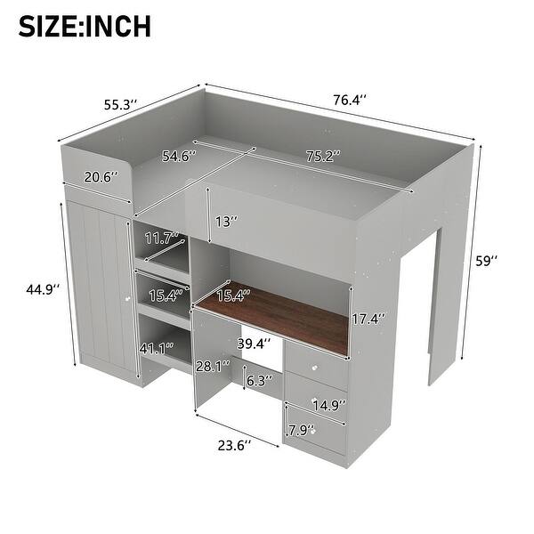 Grey Full Size Solid Wood Loft Bed with Built-in Wardrobe, Desk, Storage Shelves and Drawers