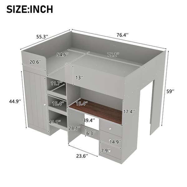 Multifunctional Design Wood Loft Bed with Built-in Wardrobe, Desk and Drawers, Safety Guaranteed, Grey