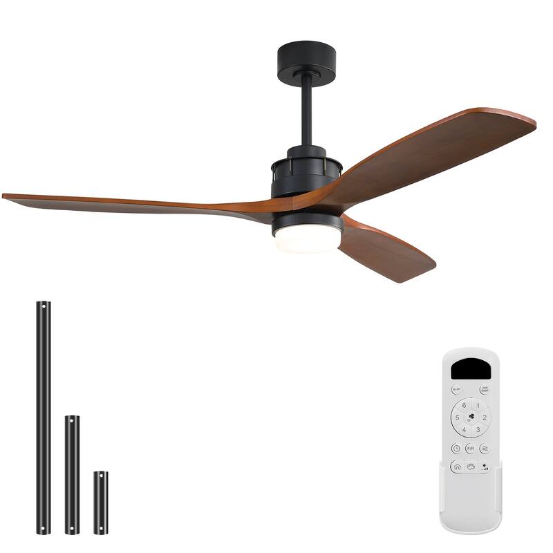 Sofucor 60Inch Ceiling Fan Solid Wood Blades with Light Remote Control,Indoor/Outdoor with Reversible DC Motor for Bedroom Patio - With Light - Black with Walnut Blades