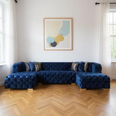 HomeRoots Tufted Blue Velvet Modular U Shaped Sofa and Chaise Sectional With Toss Pillows