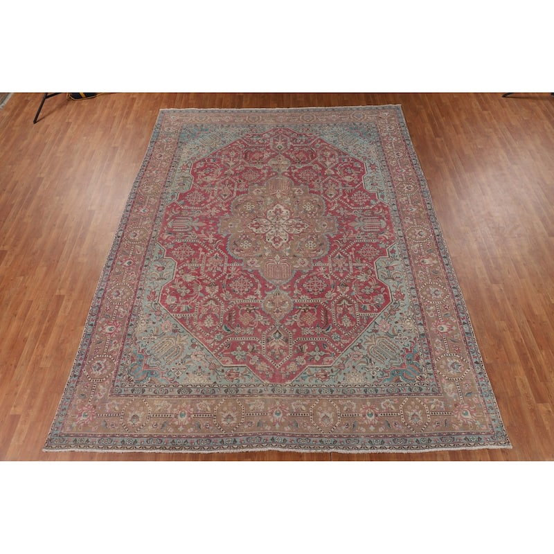 Pink Distressed Tabriz Persian Vintage Area Rug Handmade Wool Carpet - 9'9" x 12'11"