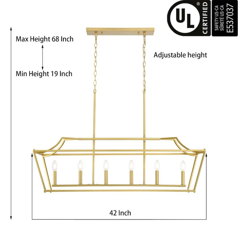 Mid-century Modern 6-light Gold Rectangle Chandelier for Dining Room